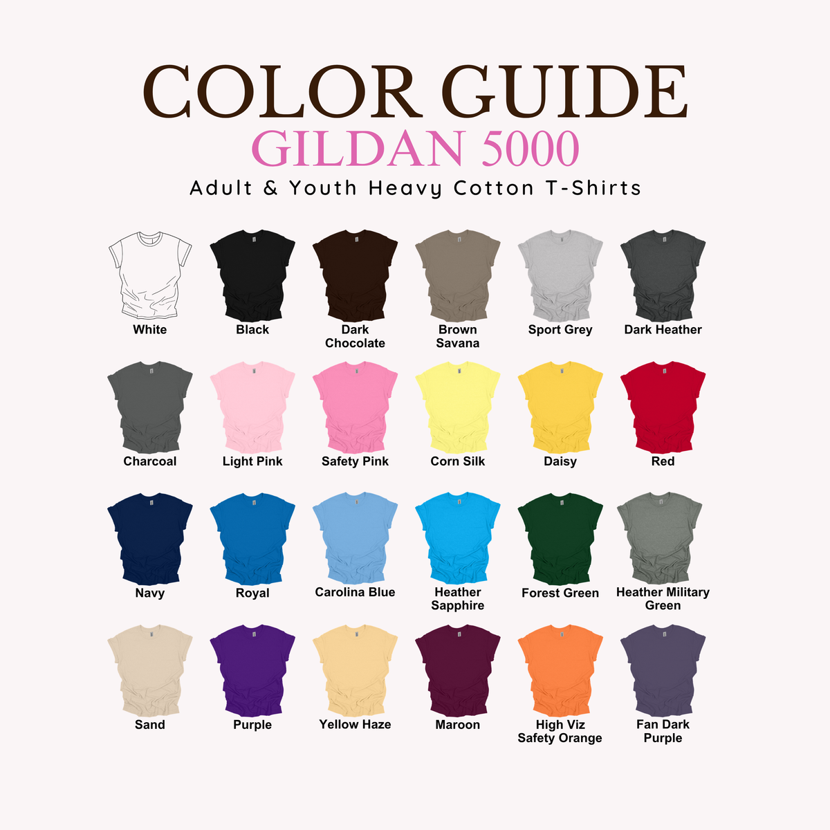 A color guide chart for Gildan 5000 adult and youth heavy cotton t-shirts, showing 36 different color options in a grid with names underneath each shirt illustration on a light background.