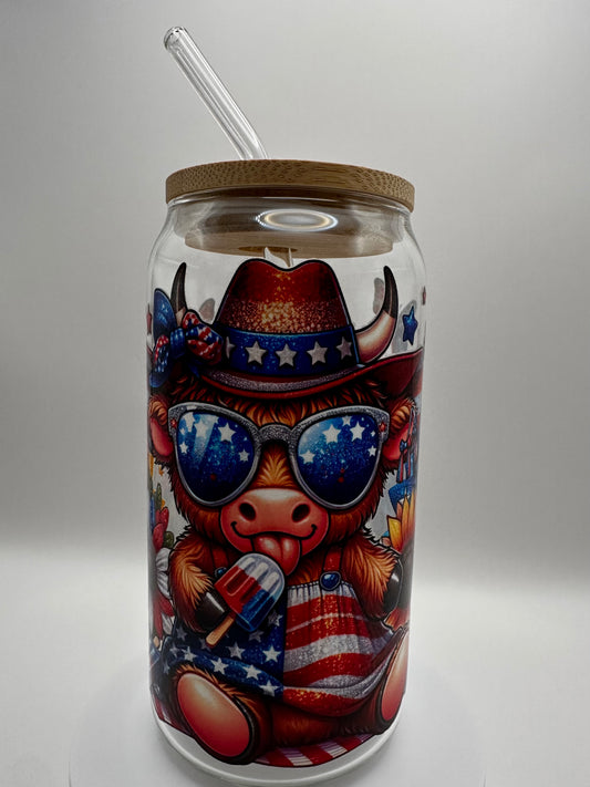 Patriotic Cow(boy🤠) Glass Bamboo Cup – 20oz (Oopsies)