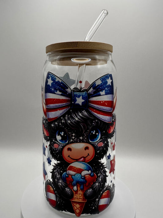 Patriotic Cow with Bow Glass Bamboo Cup – 20oz (Oopsies)