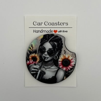 Retro Sunflower Babe Car Coasters