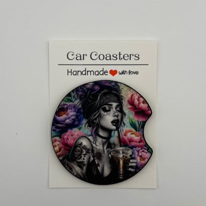 Tattooed Floral Sips Babe Car Coasters