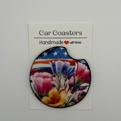 Patriotic Floral Flag Car Coasters